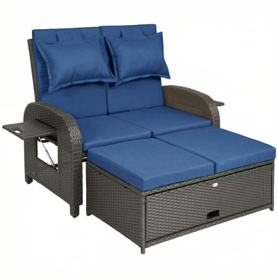 Patio Rattan Daybed, Wicker Outdoor Daybed with Storage Ottoman, Loveseat Sofa with Adjustable Backrest, Side Tables, Cushions, Headrests, Double Sunbed Lounger for Balcony, Navy Blue