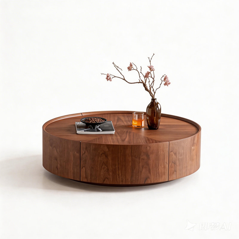 Table basse circulaire en noyer avec 2 tiroirs de rangement cachés et placage de bois Arleth