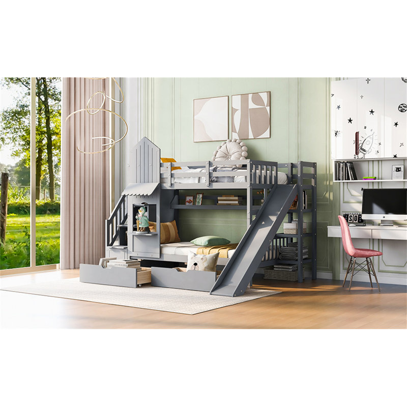 Lit superposé simple de style château simple avec tiroirs, tablettes et glissière pour un sommeil amusant et fonctionnel