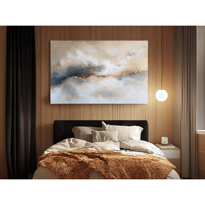 Abstract Ethereal Sky Canvas Art Print with Swirling Gold  Gray Clouds - Modern Minimalist Cloud Decor for Living Room Bedroom Office, Painting Reproduction