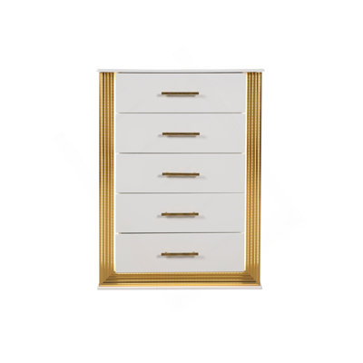 Commode 5 tiroirs de style contemporain Obsession en bois et finition dorée