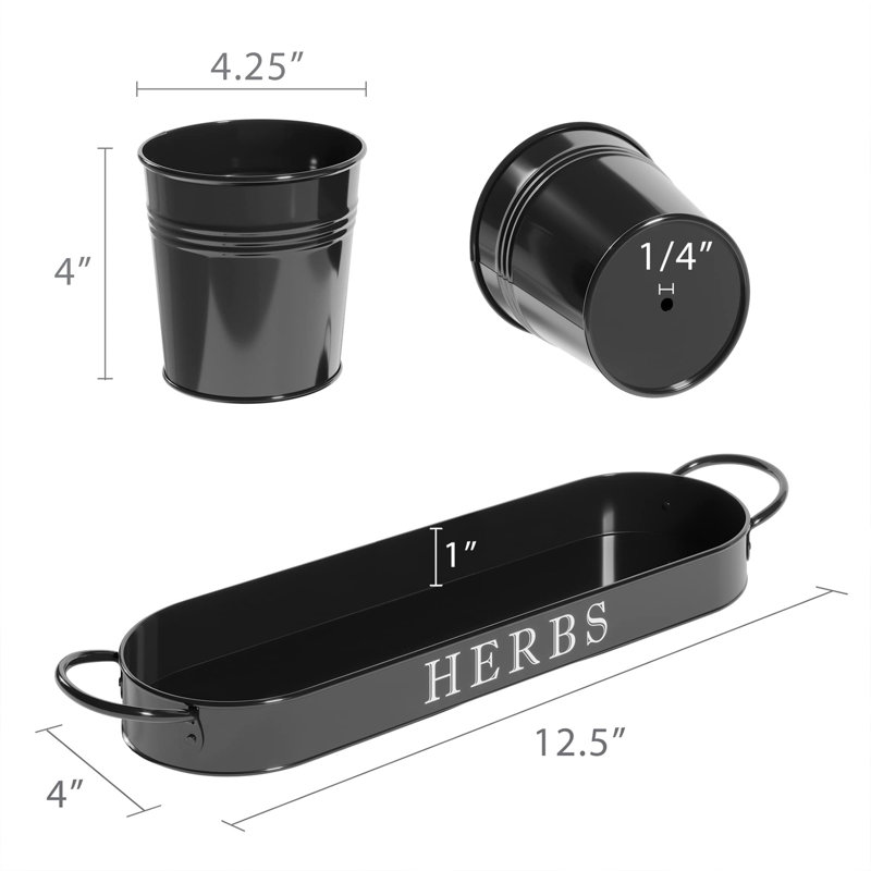 Ensemble de jardinières d'intérieur avec plateau, Noir, noir, noir, noir
