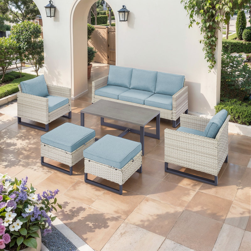 Nazime 6 - Pieces Outdoor Patio Sofa Seating Group with Ottomans and Cushions, Light Blue/Light Gray