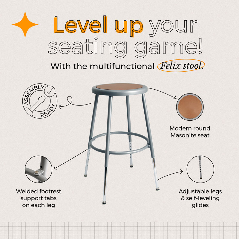 Adjustable Height Ergonomic Industrial Stool with Footrest, Gray, Counter Stool
