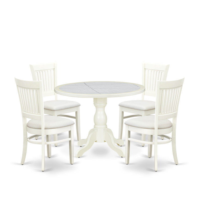L'ensemble de table de cuisine 5 pièces comprend une table de cuisine à piédestal et 4 chaises Parsons à dossier en lattes avec tissu en lin, finition lin blanc.