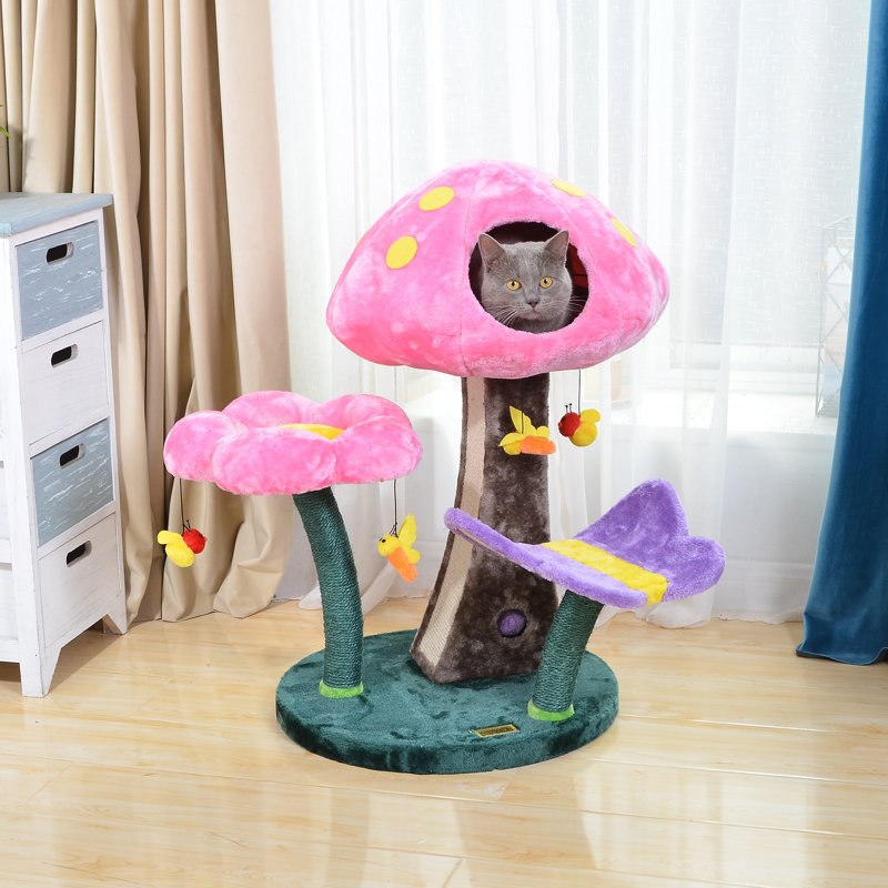 Whimsical Pink and Purple Mushroom Cat Tree with Sisal Scratching Posts