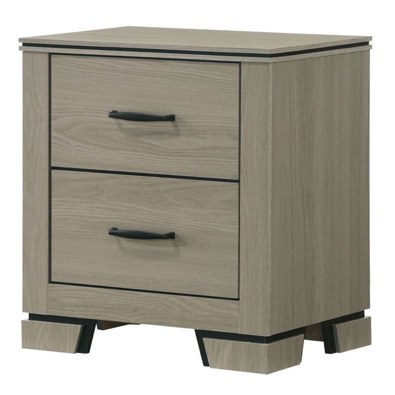 Table de chevet à deux tiroirs au design moderne et épuré, finition gris patiné, mobilier de chambre durable et élégant