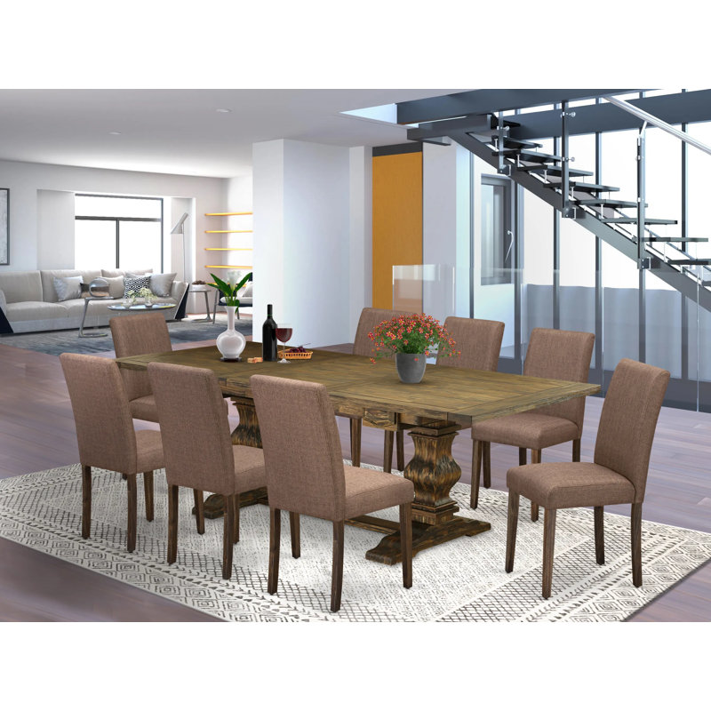 9 Piece Modern Dining Table Set Includes a Rectangle Wooden Table with Removable Leaf and 8 Light Sable Linen Fabric Parsons Chairs, Jacobean