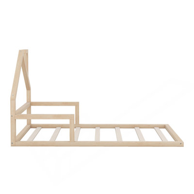 Lit simple en bois avec tête de lit en forme de maison, naturel