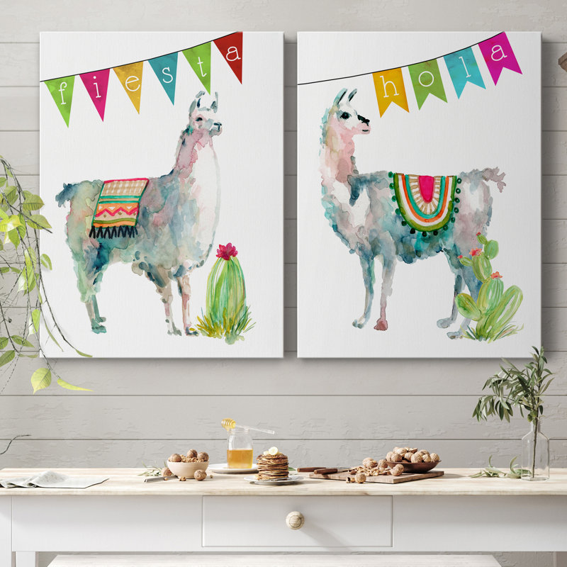 Fiesta Llama I - 2 pièces, reproduction d'art, H 12 po x l 16 po x P 1 po, Toile tendue, Pas de tapis