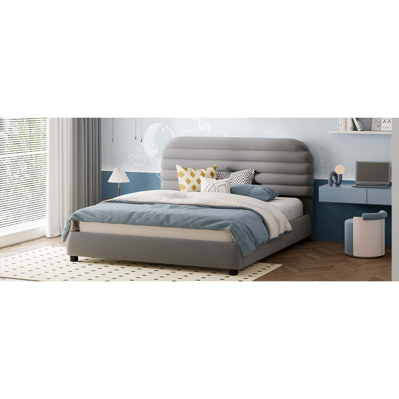 Queen Size Velvet Upholstered Platform Bed,Solid Frame And Stylish Curve-Shaped Design, Gray