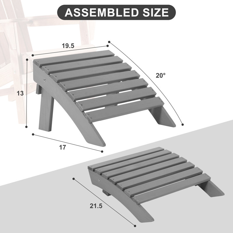 Wooden Folding Adirondack Ottomans, Patio Footrest For Garden Lawn Backyard Deck Pool Beach Firepit, Grey