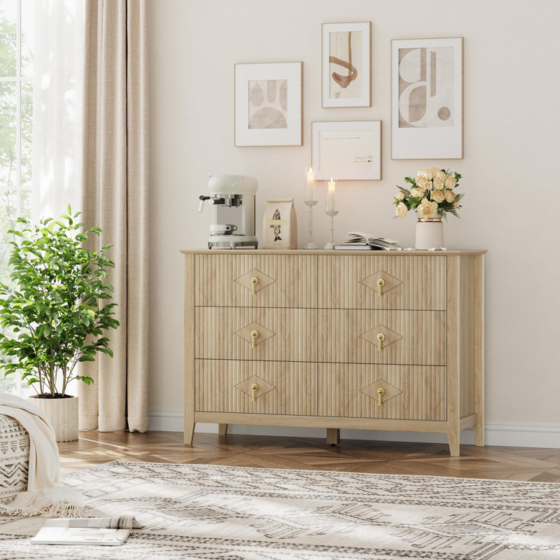 48" Wide 6 Drawer Dresser for Bedroom, Modern Wood Chest of Drawers with Metal Handles Storage Organizer, Brown