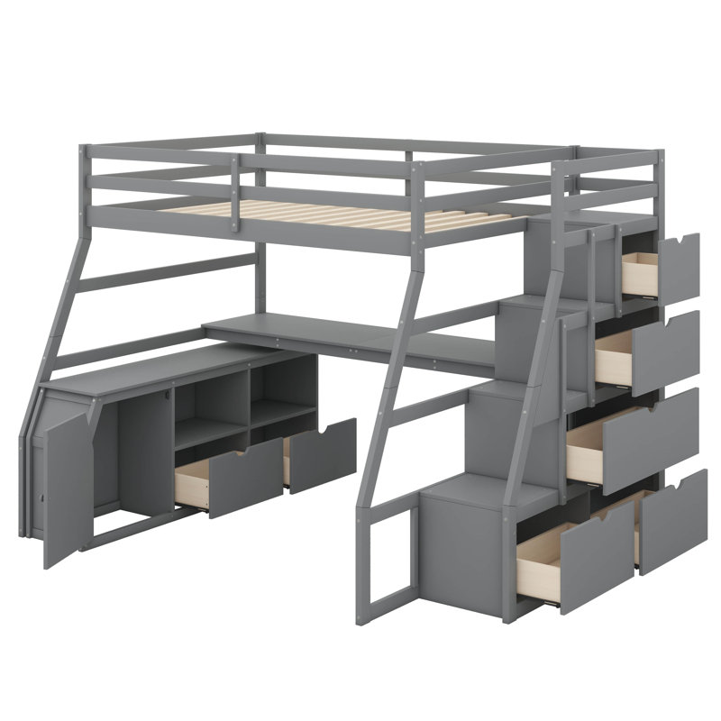 Full-Size Loft Bed Featuring 7 Drawers, 2 Shelves, And A Desk, Gray