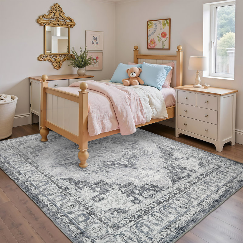 Washable Area Rug For Living, Bedroom & Dining Room,  Non-slip Backing & Durable Edge Binding, Low Pile  Vintage Large Rugs For Home Office Decor, 5x7