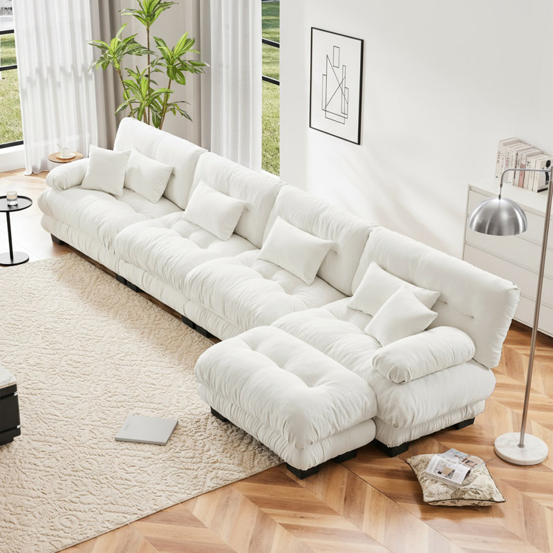 Cloud Couch Sleeper Sofa With 1 Ottoman, Chenille 4-Seater Sectional Sofa Bed Include Lumbar & Throw Pillows, White Chenille