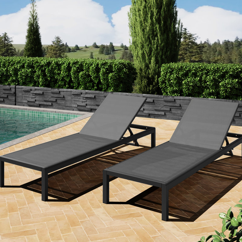 Chaise Recliner Of 2 - Aluminum, Mesh Fabric, Adjustable , Moveable 2 Poolside Breathable Mesh, Rust- Aluminum Frame, Back, Mobile, Black + Gray
