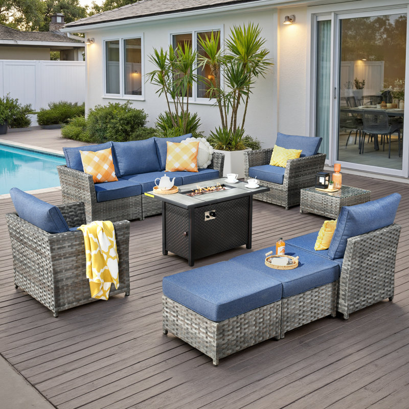 Cassville 6 - Person Patio Conversation Set with Cushions, Denim Blue
