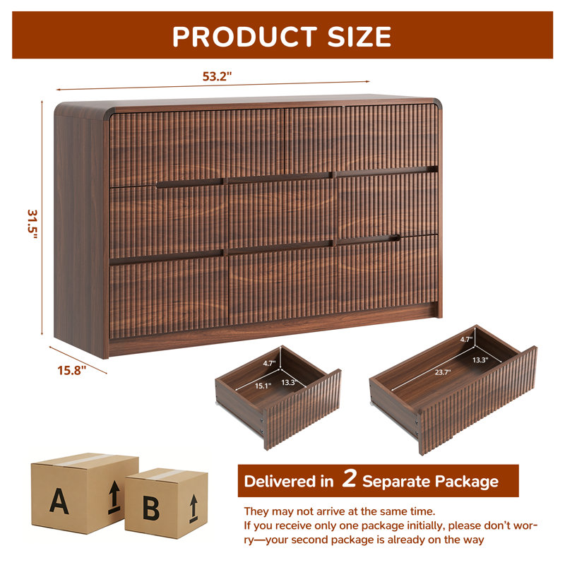 53.2" W 8 Drawer Mid-Century Modern, Wooden Double Dresser with Curved Profile, Fluted Design and Large Capacity Storage					