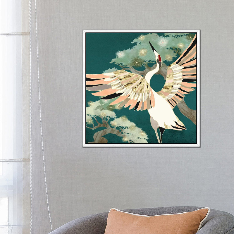Golden Crane - Print on Canvas, 66.04 cm H x 66.04 cm W, White Framed