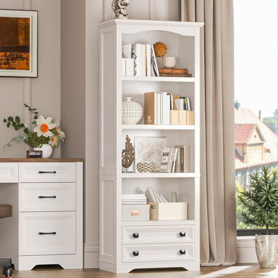 Bookcase And Bookshelf With Storage Drawers, White Bookcase With 4-Tier Open Shelves And 2 Drawers, Tall Bookcase Storage Shelves For Home Office, Liv by Red Barrel Studio