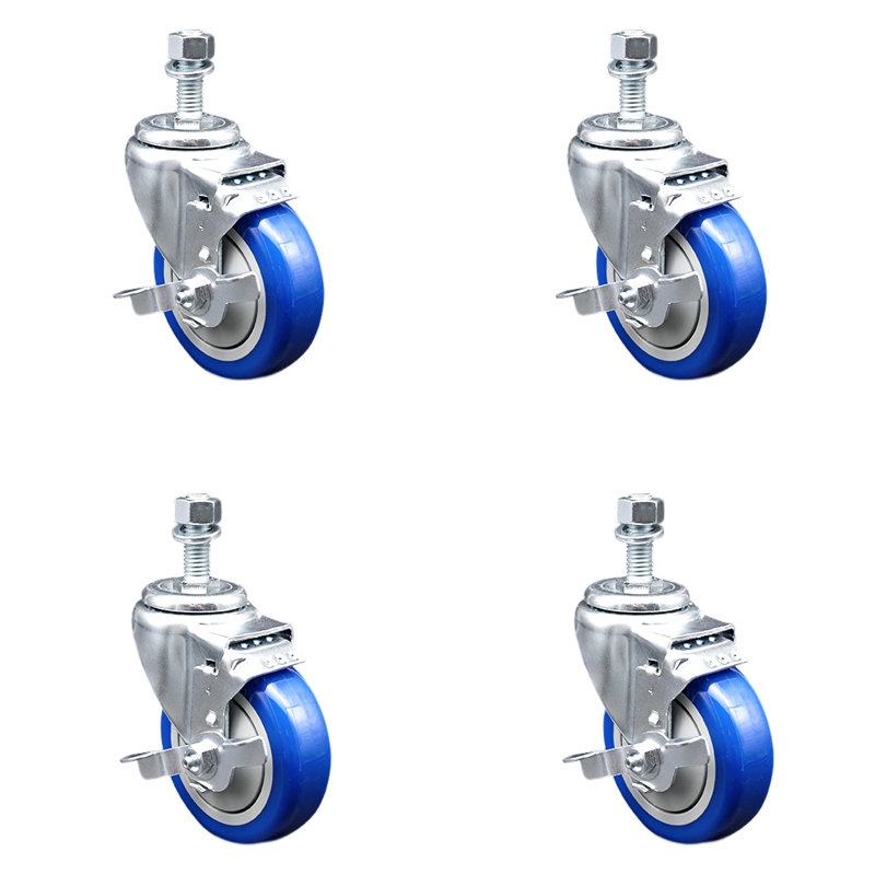 Ensemble de roulettes à tige filetée en polyuréthane pivotant de 4 po avec frein de 12 mm, Bleu