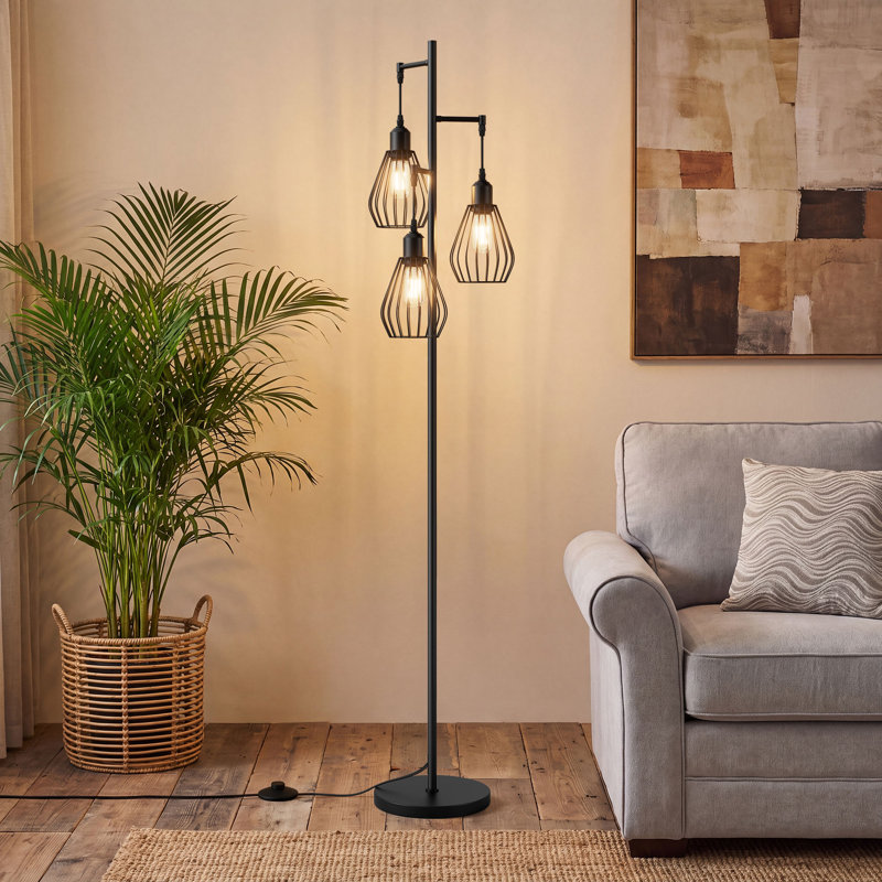 Majewski 3-Lights 65.5" Tree Floor Lamp with bulbs, Black