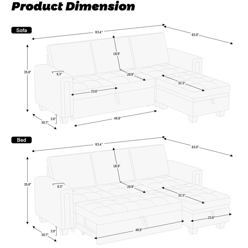 Shavera Velvet Modular Sectional L-Shaped Sleeper Sofa Bed With Storage Ottoman For Living Room Apartment, Beige Velvet