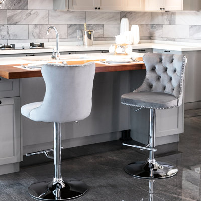 Îlot de cuisine moderne, velours gris, hauteur de siège réglable de 25 à 33 po, base avec dossier confortable en velours pour la maison et le pub 2,