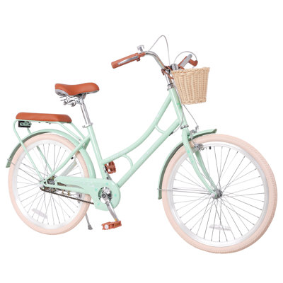 24 Inch Beach Cruiser Bike For Women, Commuter Bicycle With Front Basket , High Carbon Steel Frame, Comfortable City Bike For Outdoor Riding