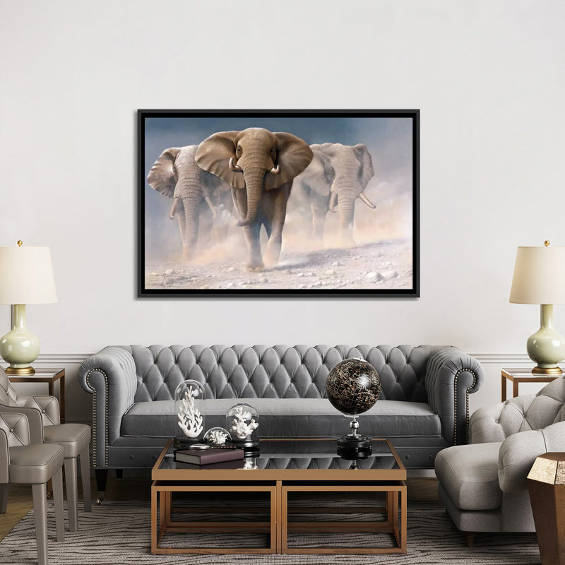 «Run Elephants I», impression sur toile, H 40 po x l 60 po x P 1,5 po, Toile avec cadre noir, Pas de tapis