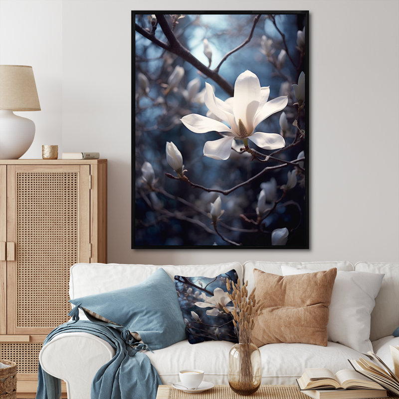 Blanc, bleu, magnolia, paysage, élégance, Cadre flottant noir, H 44 po x l 34 po x P 1,5 po