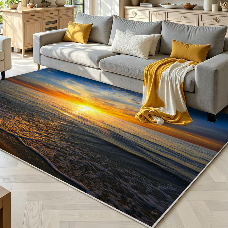 Blue Sunset Scene Sea Beach Ocean Water Still Sunrise Beauty Bright Calm Machine Washable Indoor Area Rug