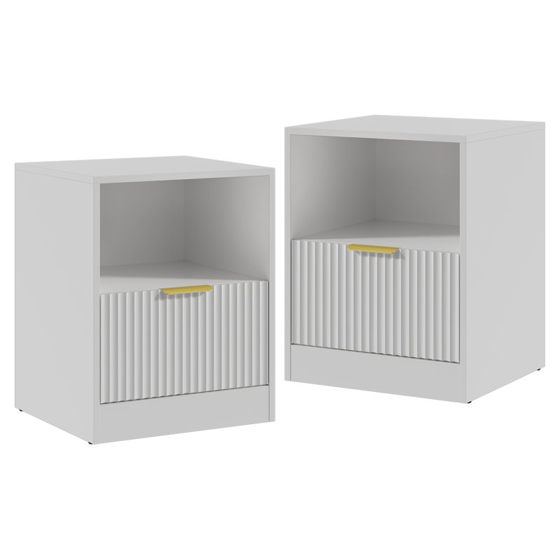 Table de chevet cannelée avec tiroir, table de chevet avec tablette ouverte, Blanc, 1