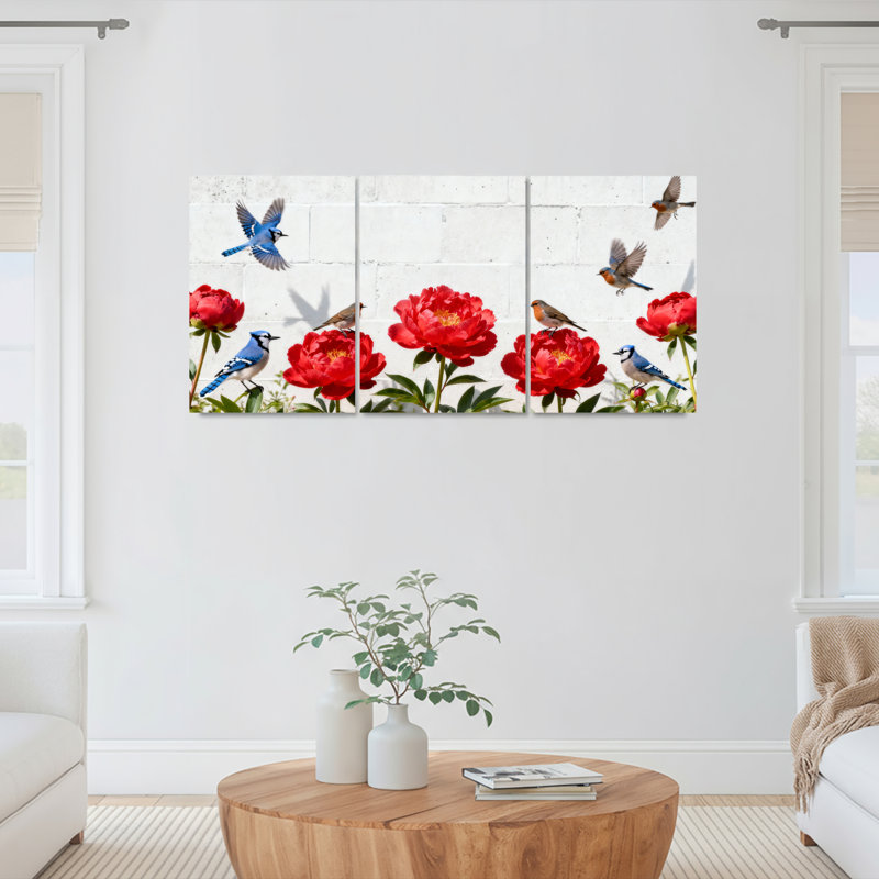 Ensemble de 3 tableaux sur toile tendue représentant des pivoines rouges et des merles bleus, pour la décoration du salon, de la chambre et de la maison.
