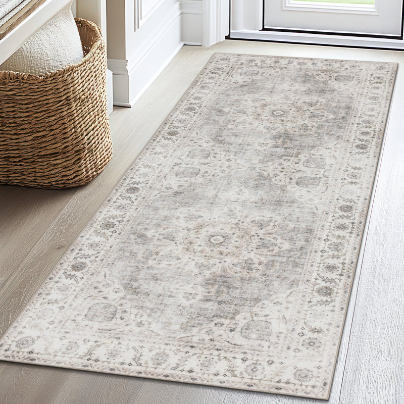 Tapis beige ivoire lavable à la machine Vintage Lefkothea Joy, Tapis de couloir 2 pi 6 po x 8 pi, Beige Ivory