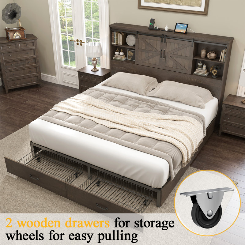 King Brown Wood Platform Bed Frame with Bookcase Headboard and Storage