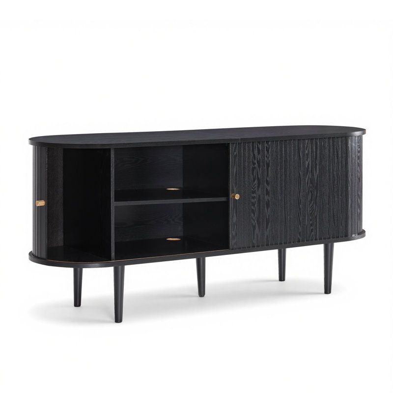 Meuble télé avec portes tambour Dulane, H 24,2 po x L 55 po x l 15,5 po, Noir, noir, noir, noir