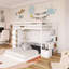 Lit superposé simple au-dessus de double avec cadre en bois avec tablettes à 3 niveaux, tiroirs et escalier de rangement-384576472