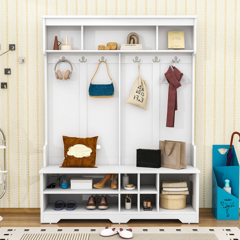 Elegant Hall Tree with Ample Storage, Wide Bench and Durable Design, White