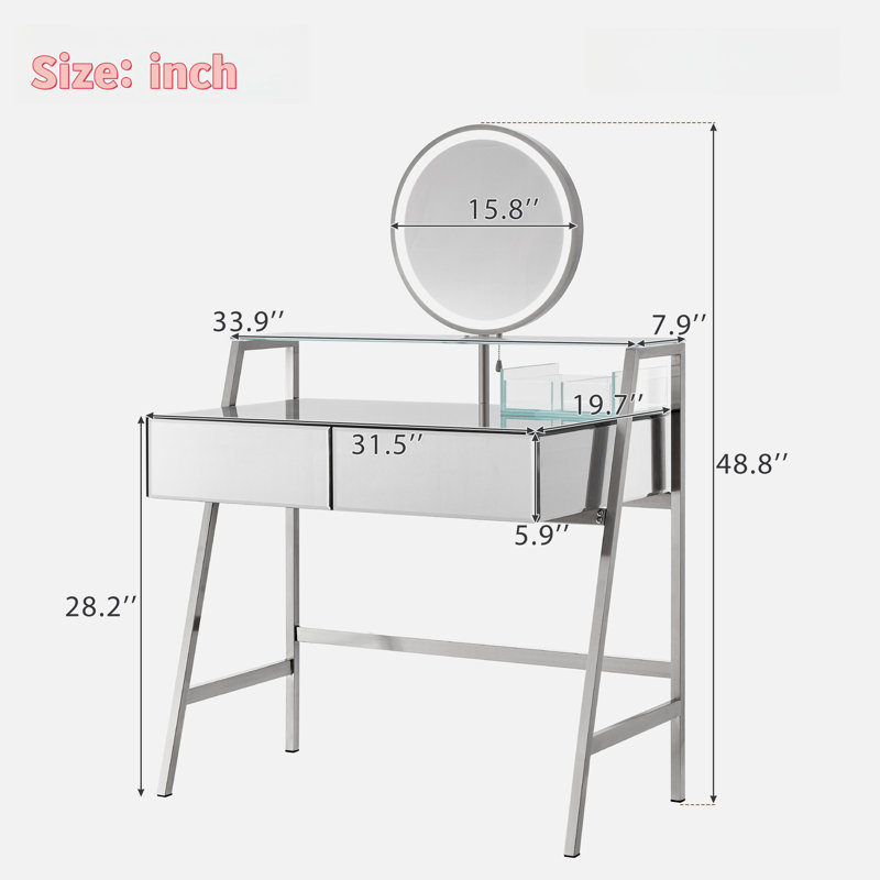 Coiffeuse Fumiaki avec miroir éclairé, 2 tiroirs, une tablette ouverte, des boîtes de rangement et une station de charge