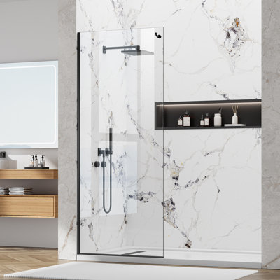 Yttsoyts 32 po X 76 po Panneau de verre de douche fixe, 3/8 po Écran de douche épais en verre trempé transparent Sgcc, porte de douche en aluminium avec crochet, revêtement nano double face, noir mat
