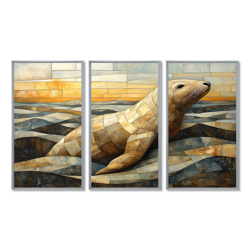 Sceau inuit dans des tons de jaune et de brun - ensemble d'art mural, H 28 po x l 36 po x P 1 po