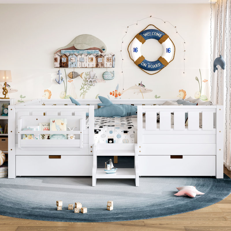 Full Bed with Built-in Bookshelves & Storage Drawers, Safety Staircase & High-Quality Safety Rails, Full, White