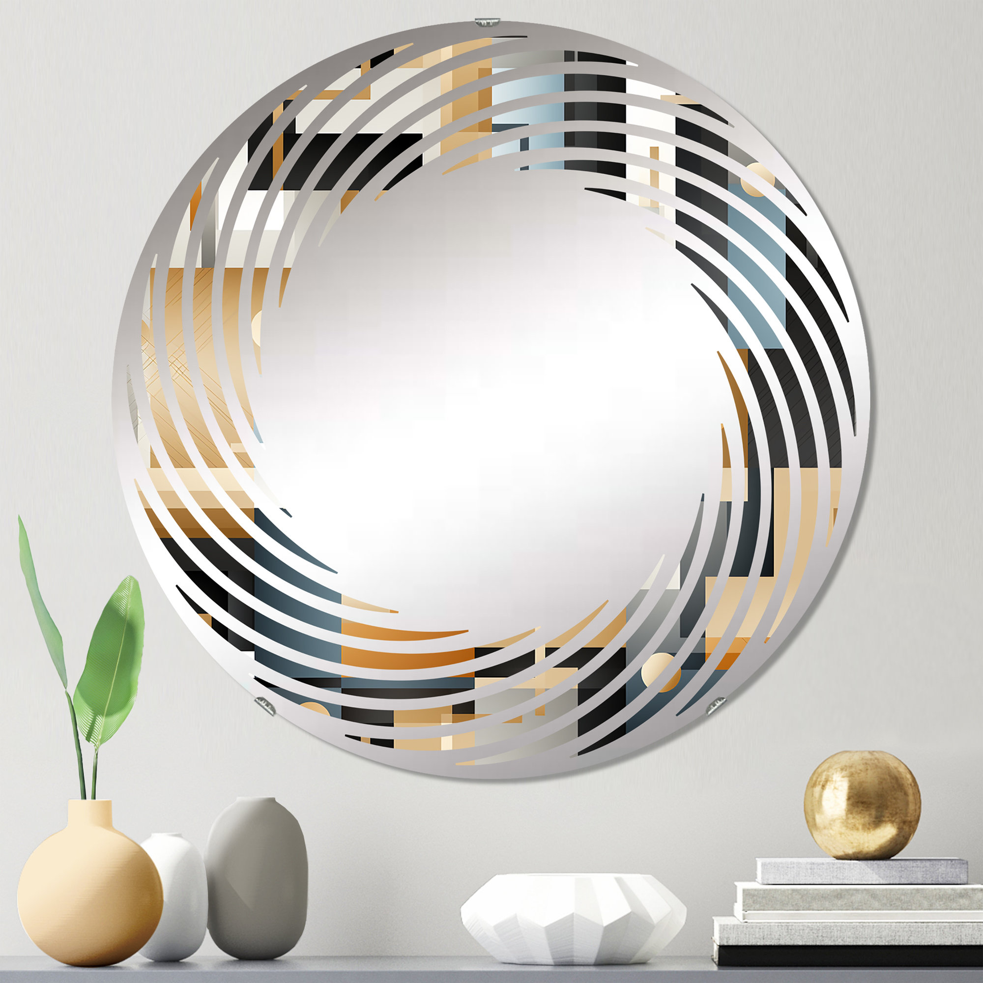 Design Art Metropolitan Neutral Color Geometric Spiral Wall Mirror