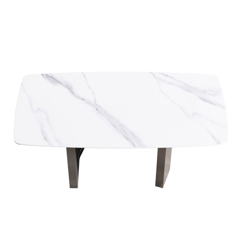Table de salle à manger blanche en pierre frittée rectangulaire de 71,1 po, structure en métal, pouvant accueillir de 6 à 8 personnes, table de travail facile à entretenir