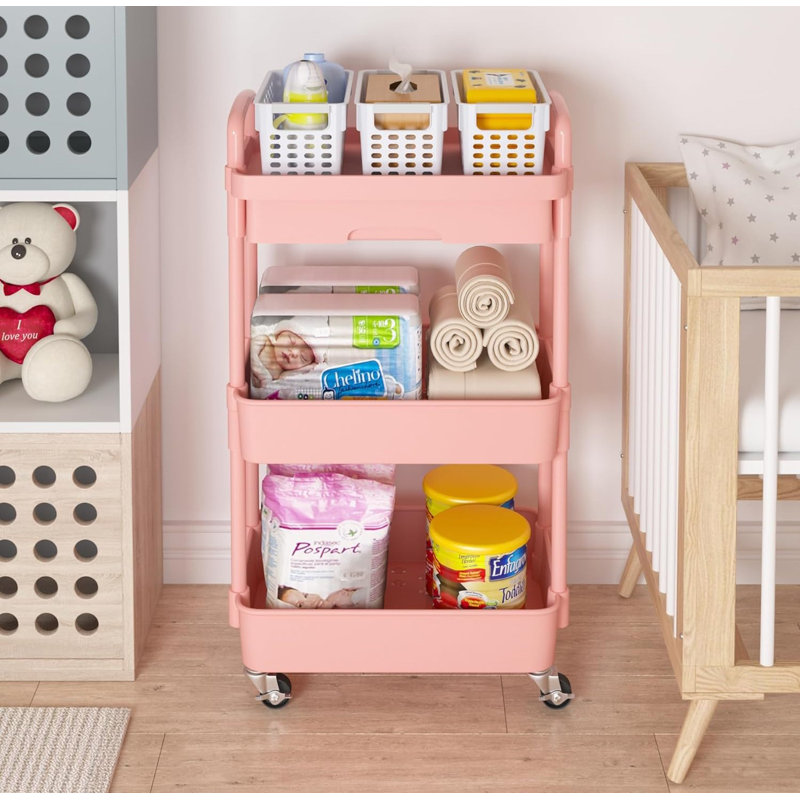 Pink Metal 3-Tier Rolling Utility Cart with Drawer