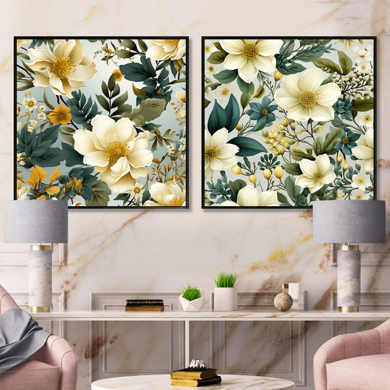 Charline - Ensemble de 2 collages carrés floraux, Cadre flottant noir, H 16 po x l 33 po