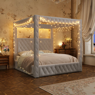 Duluth Queen Size Cream Deep Button-Tufted Velvet Upholstered Four-Poster Canopy Bed with Outlet & USB Ports
