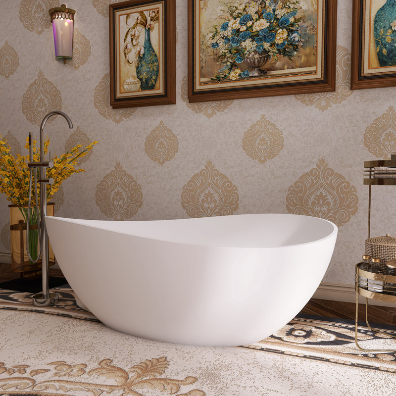 63" Freestanding Soaking Stone Bathtub Solid Surface Tub With Irregular Shape White Tub, Matte White